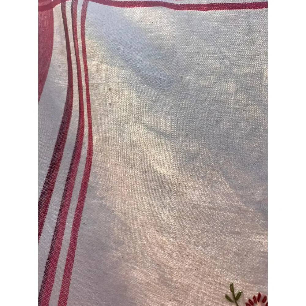 Vintage Red Striped Tablecloth with Embroidered Floral Center Motif